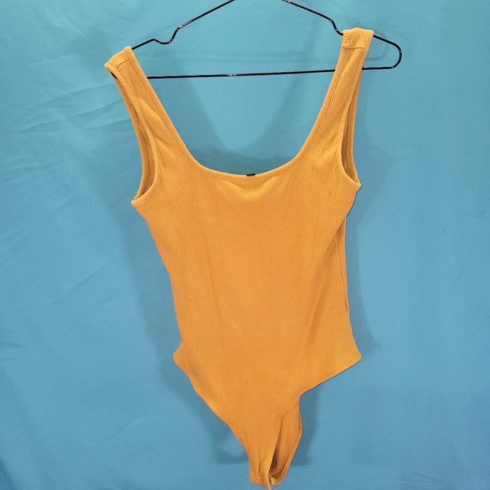 Sleeveless Mustard Yellow Ribbed Womens Bodysuit By Ambiance Size M